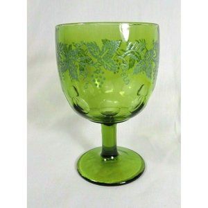 Vintage Avocado Green Glass Thumbprint Goblet Embossed Grapes & Grape Vines